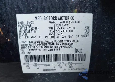 2022 Ford Explorer Xlt from USA, damaged, VIN 1FMSK8DH4NGB68168